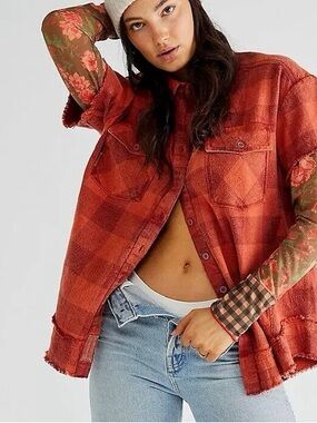 We The Free Rust Red Plaid Button-Down Shirt Jacket